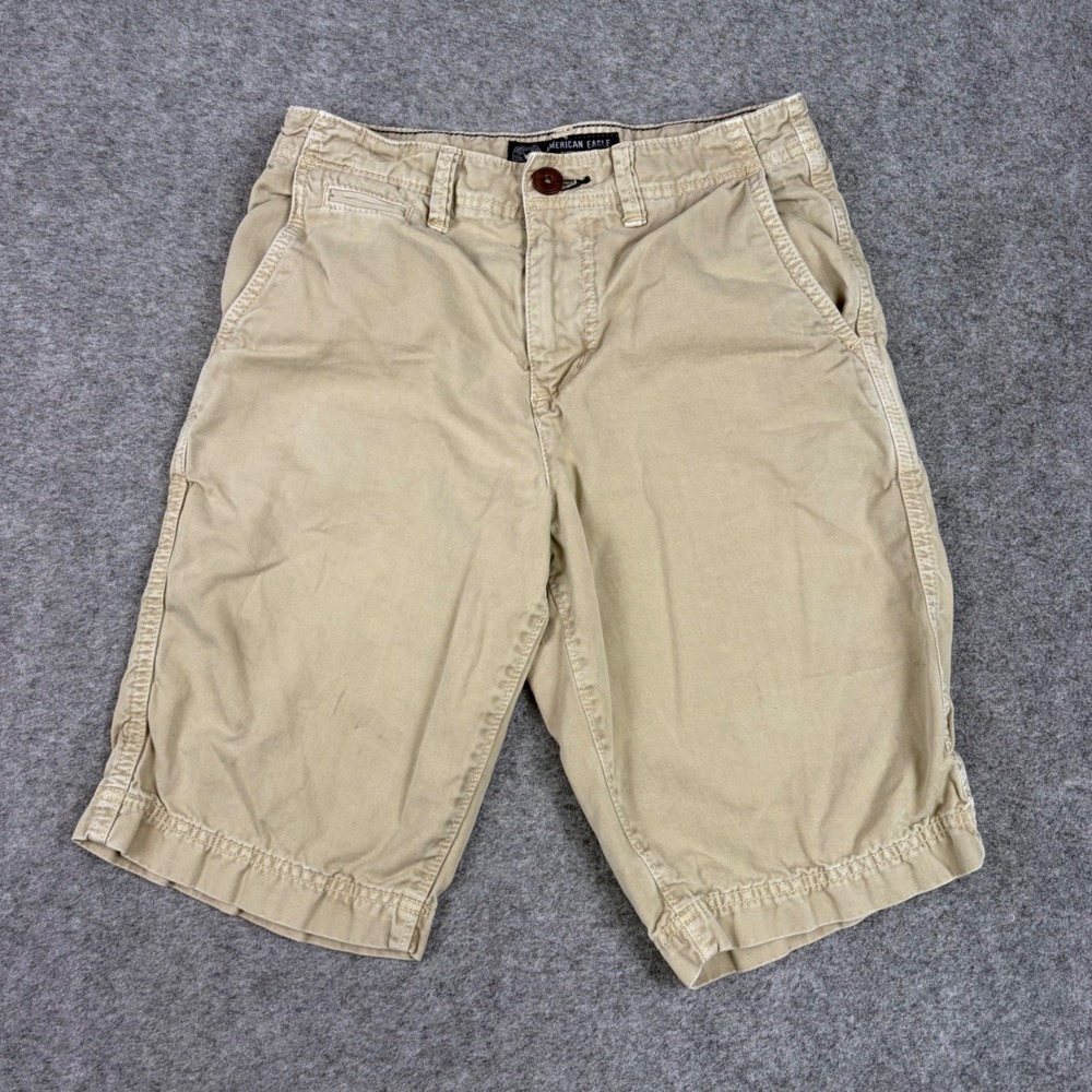 American Eagle Longer Length Shorts Mens 26 Khaki Tan Solid Cotton Twill Chino